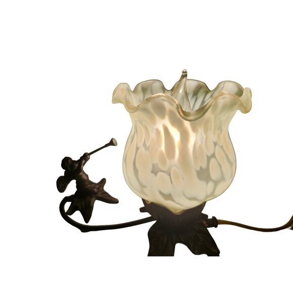 Vtg Bronze Cherub Small Lamp Blue Blown Glass Shade Tiffany Style - Picture 10 of 10